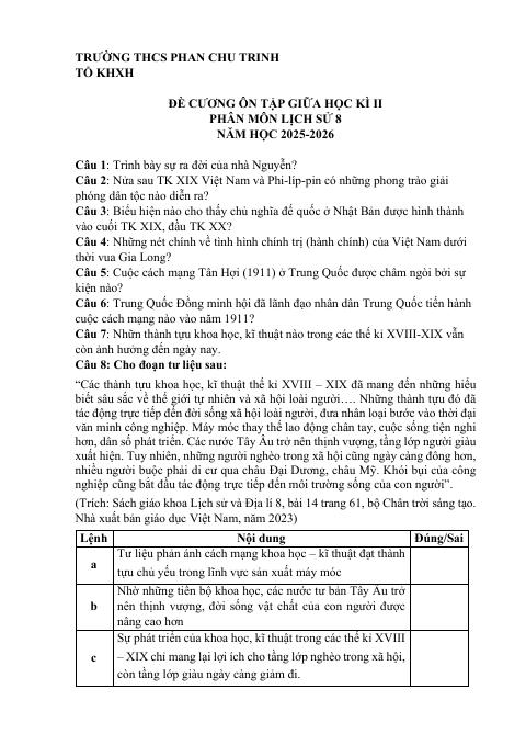 Đề cương ôn tập Giữa kì 2 Lịch sử và Địa lí 8 năm 2025–2026 trường THCS Phan Chu Trinh (Lâm Đồng)